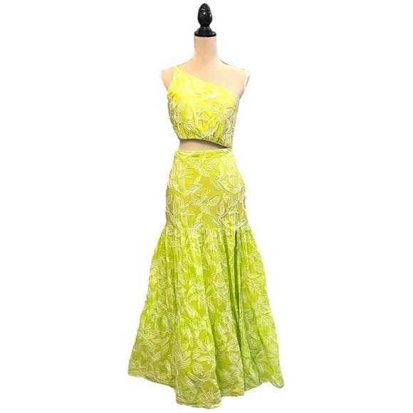 Desnude (Brazil) Dresses & Skirts - Desnude One Shoulder Middle Cut Out Tiered Maxi Dress in Chartreuse